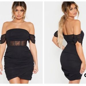 Black chiffon pannel insert drape bodycon dress